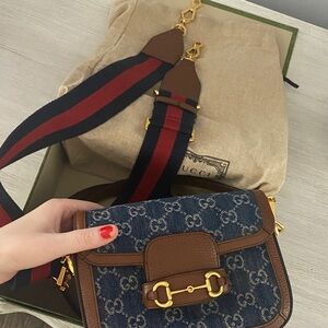 Gucci Blue Denim and Brown Leather Crossbody with Gold Hardware
